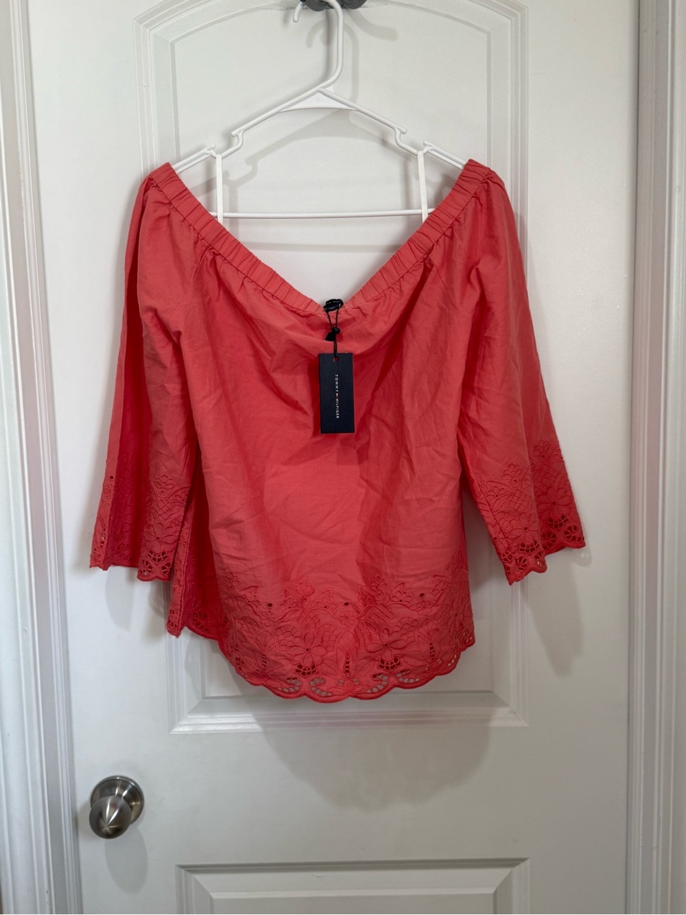 Tommy Hilfiger Coral Off-the-Shoulder Eyelet Hem Blouse